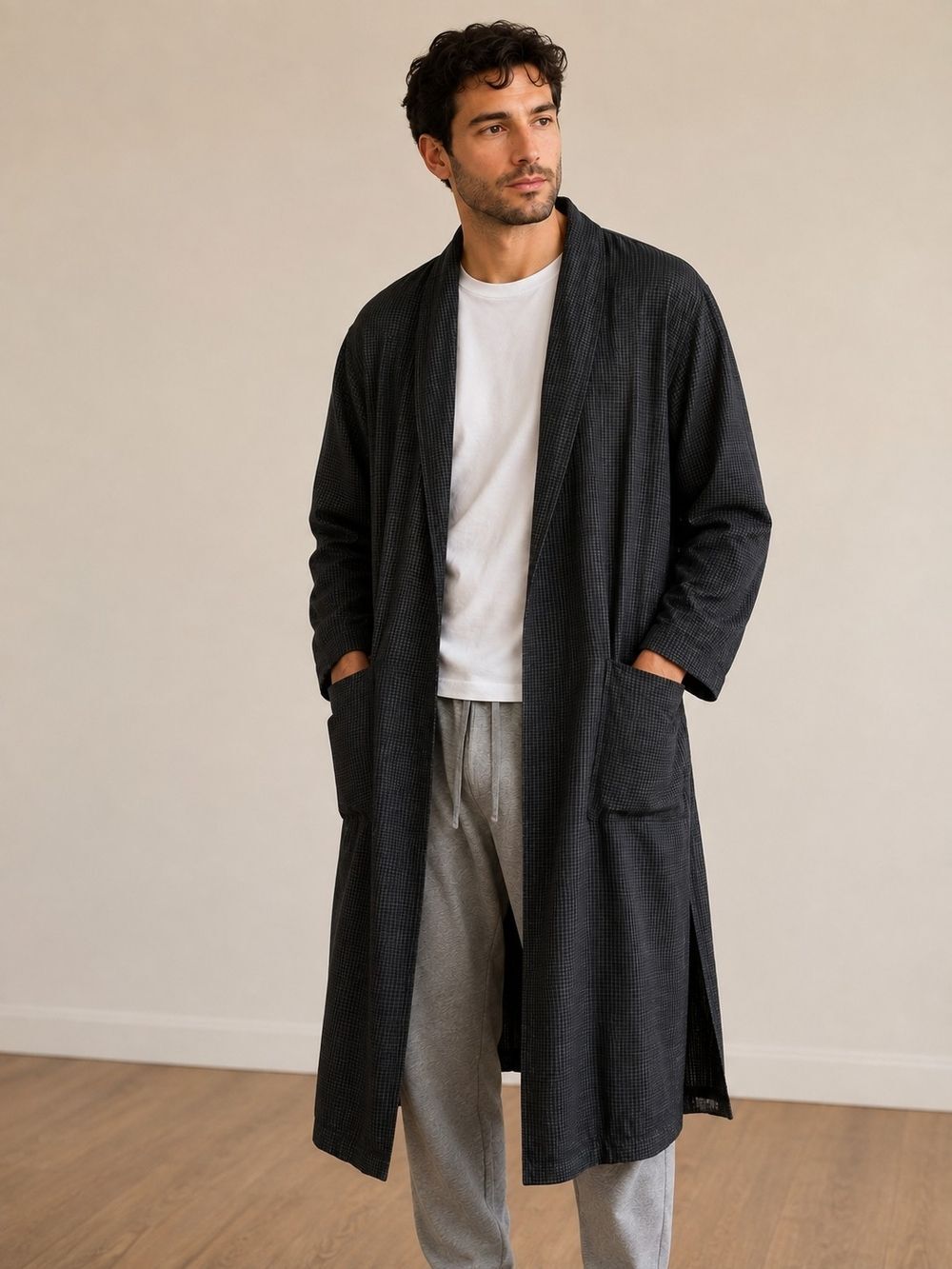 Polo Ralph Lauren long plaid cotton duster/robe in a classic dark charcoal 
S/M